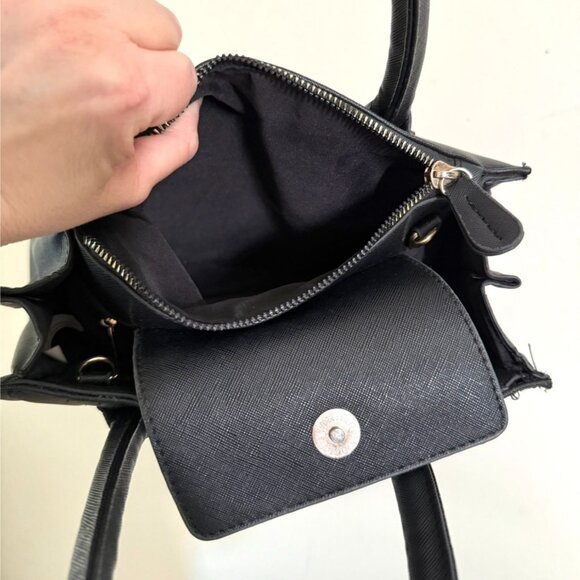 Chic Black Mini Satchel Purse Gold Medallion Faux Leather Handbag - Picture 8 of 9